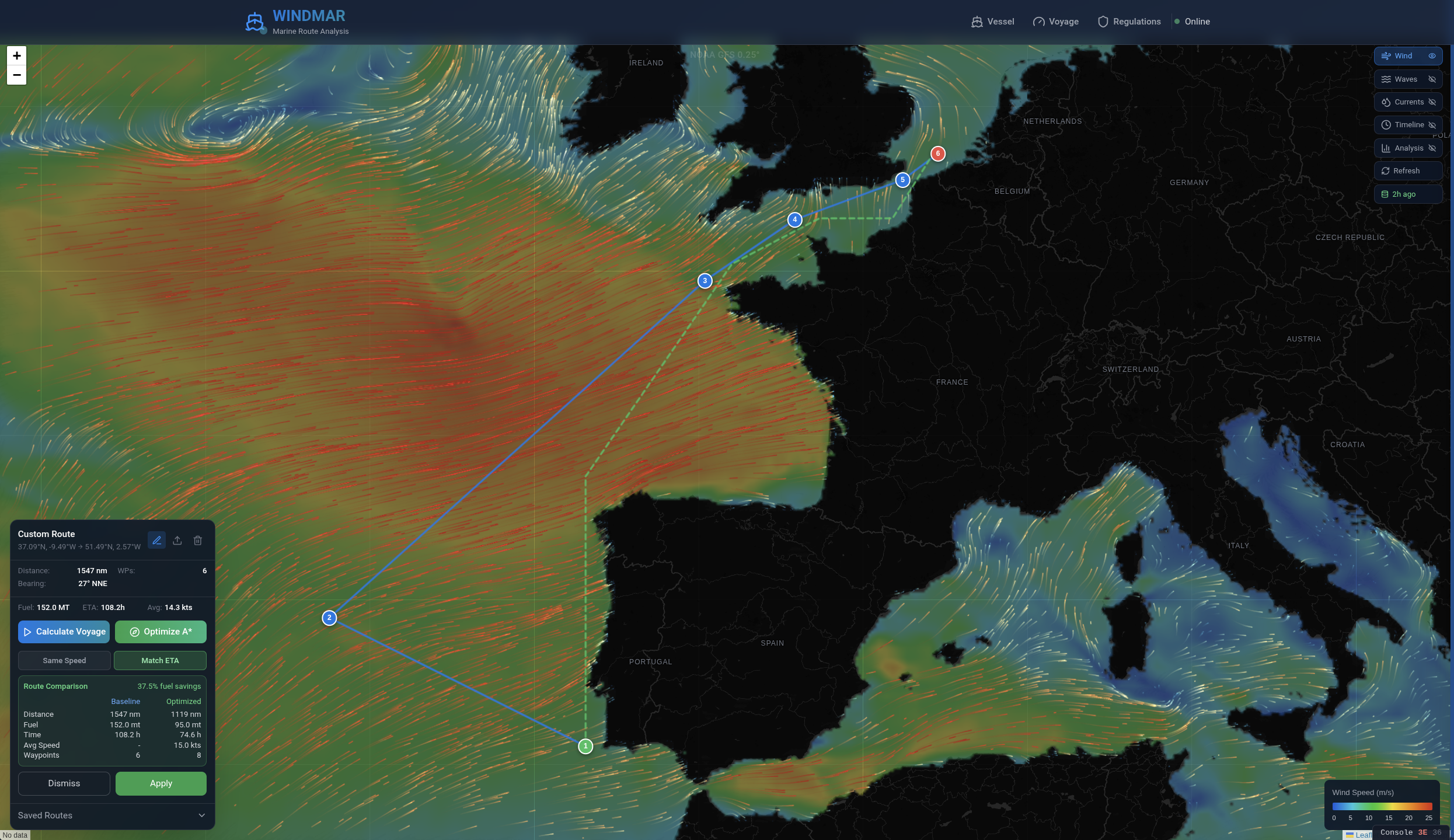 WindMar v0.0.6 — Optimisation A* avec superposition du champ de vent GFS